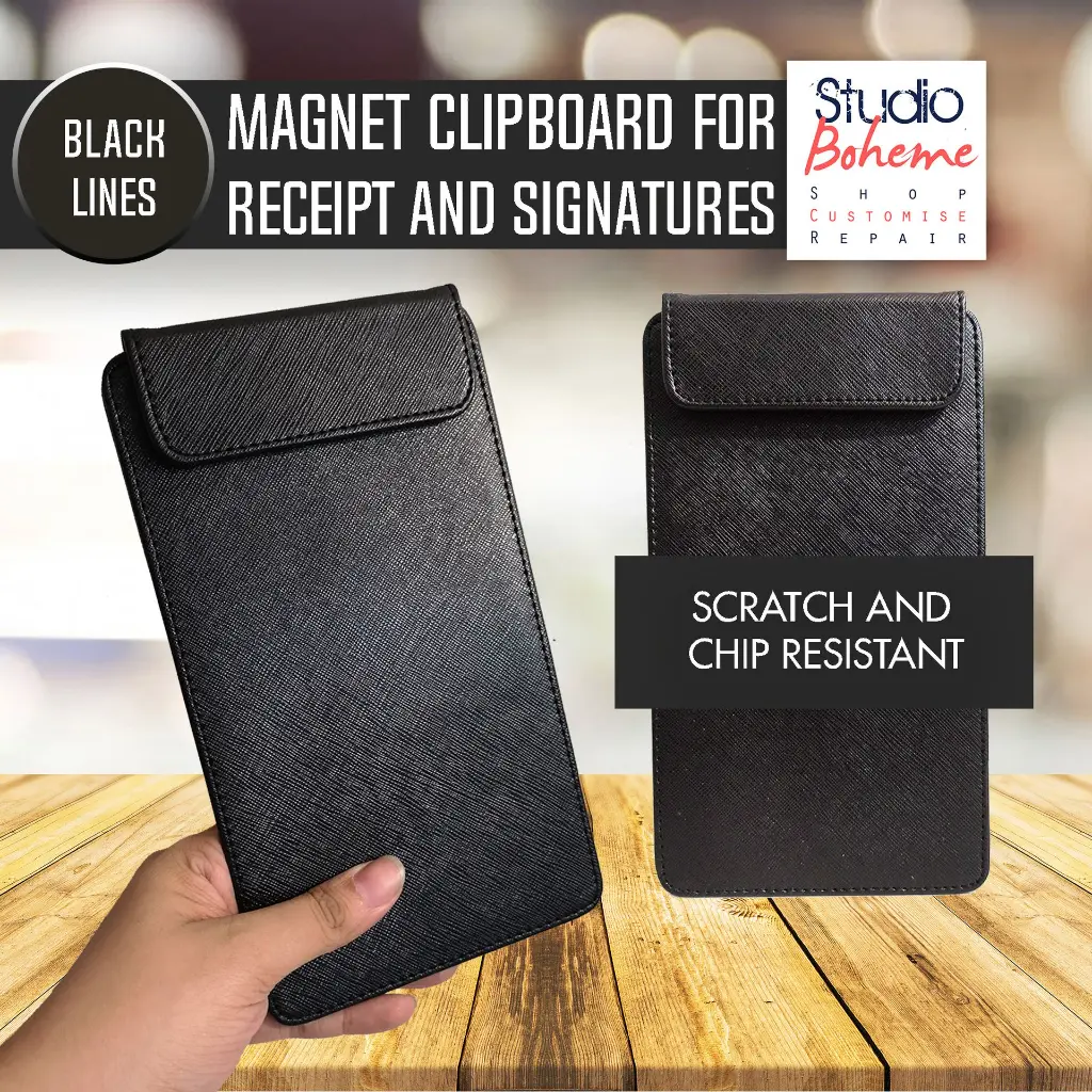 BLACK LINES MAGNET CLIPBOARD BILL HOLDER OR SIGNATURE PAD FOR RESTAURANTS AND HOTELS.webp